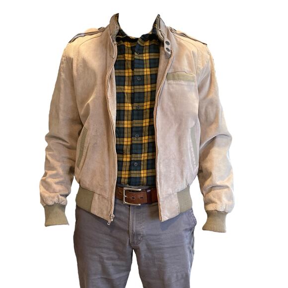 Mens Members Only Khaki Tan Genuine Leather Preppy Biker Bomber Jacket Size 42 - Picture 1 of 16